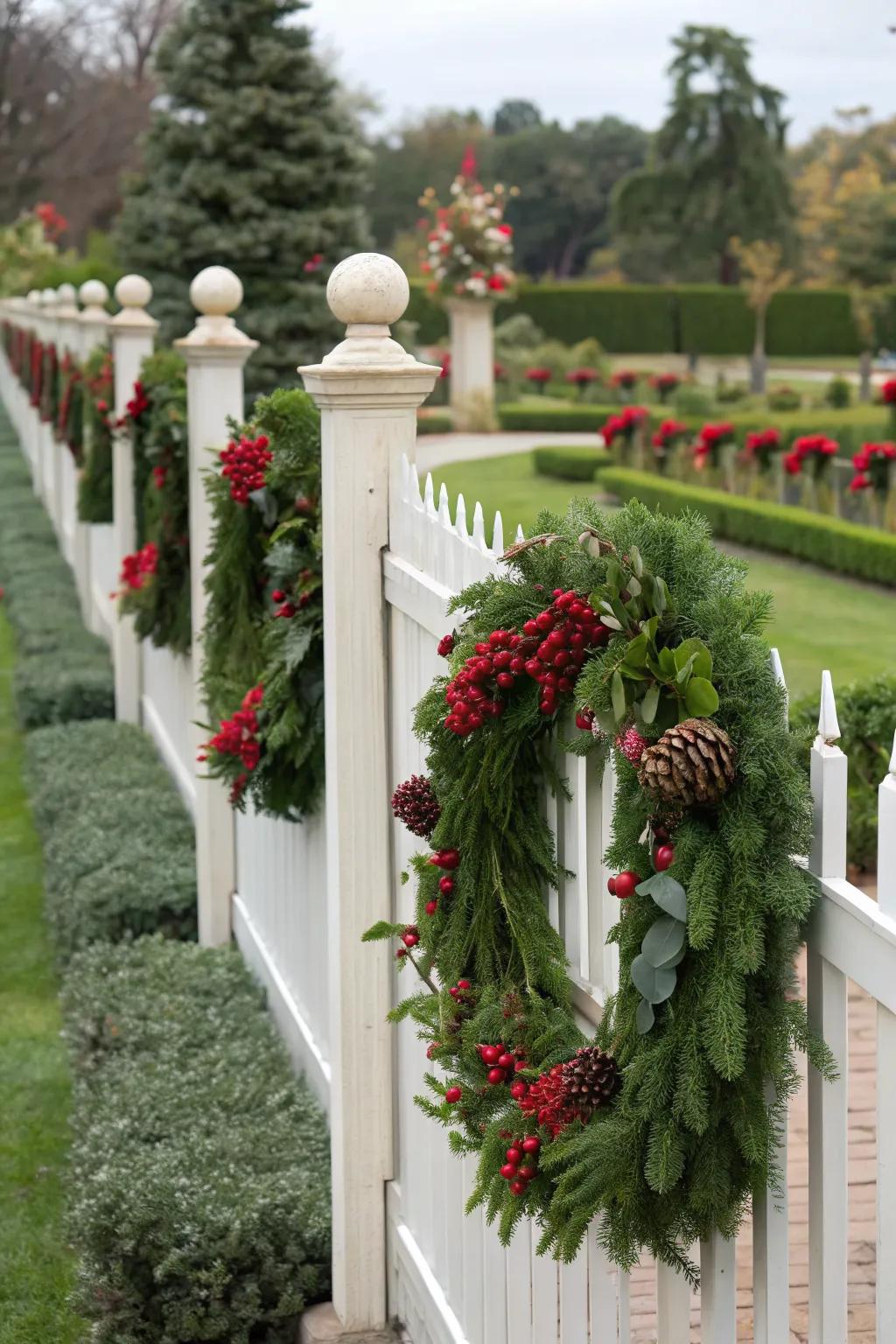Classic elegance with wreaths on fence posts.