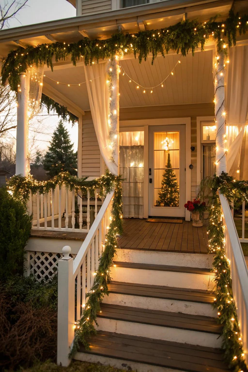 A porch adorned with garlands and lights, offering a warm welcome to visitors.