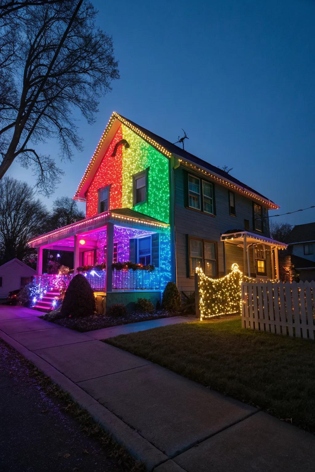 A house bursting with colorful LED lights.