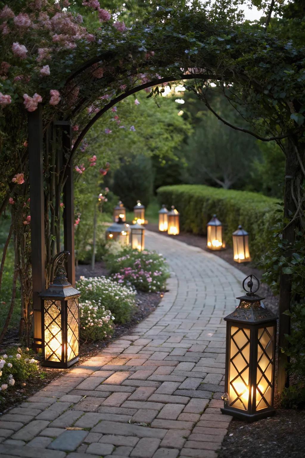 Pathway to wonder with ground lantern lights leading the way to a festive home.