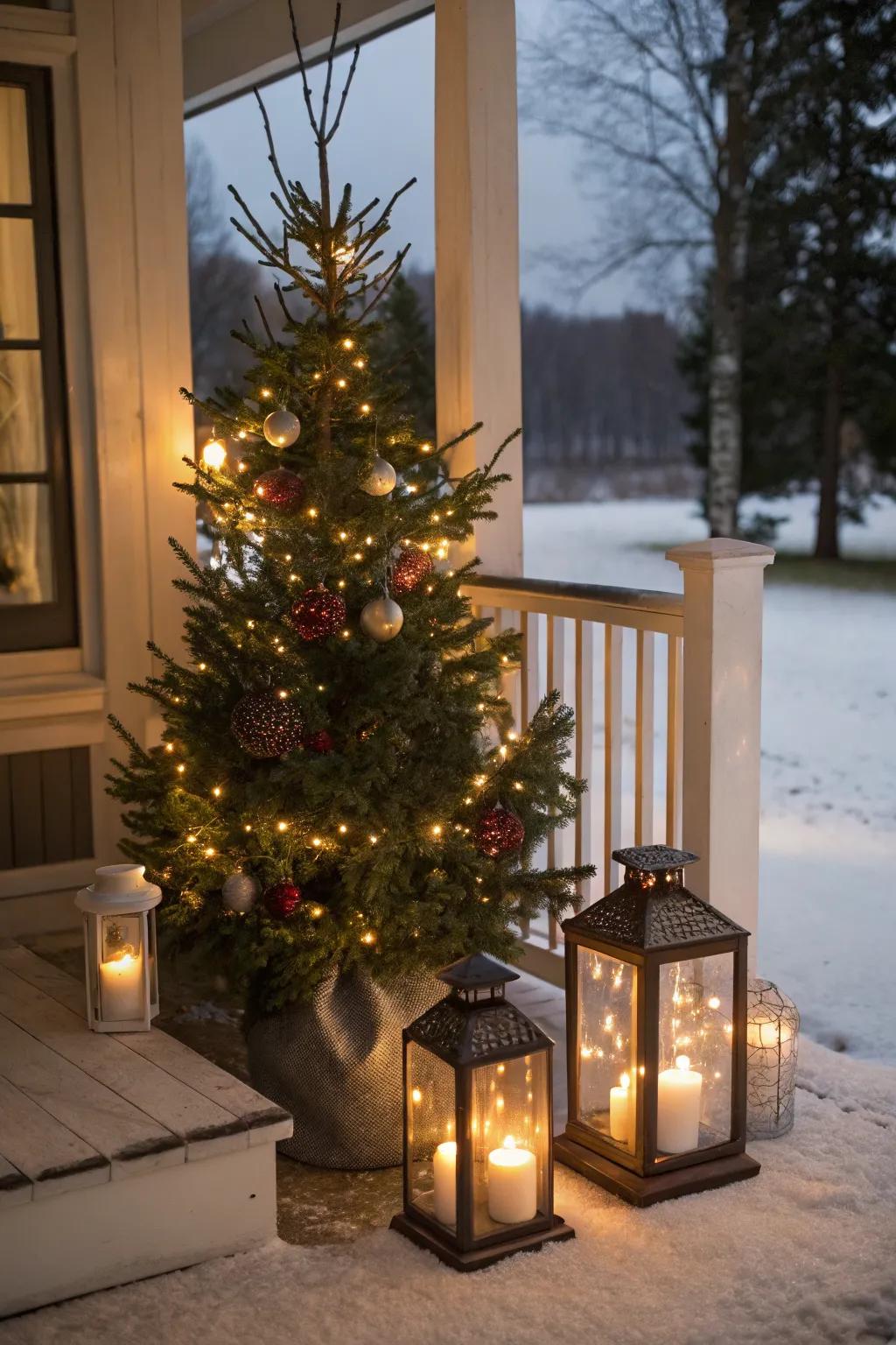 Lanterns with candles enhance the cozy atmosphere of your porch.