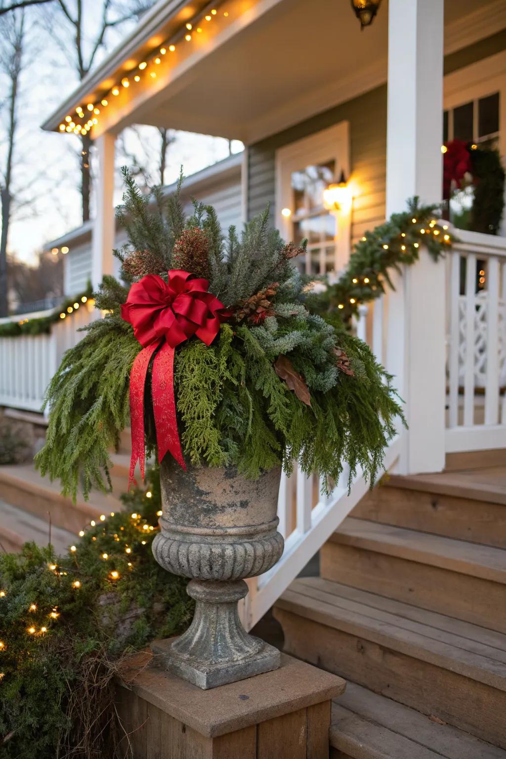 A striking bow completes the festive look.