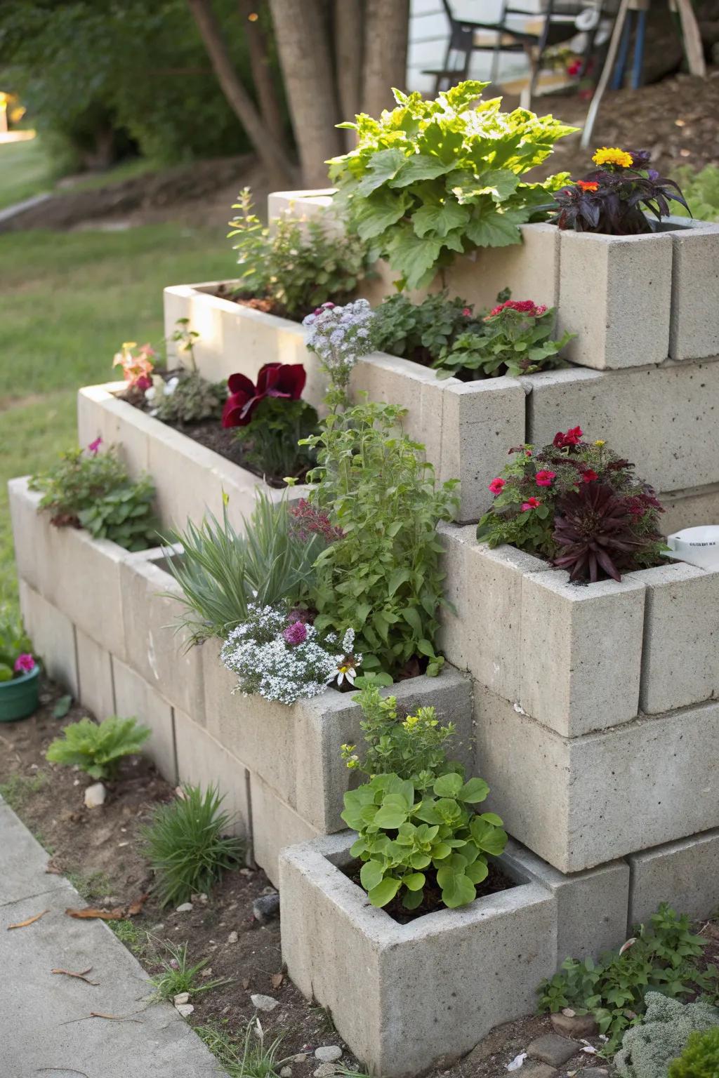 Tiered planter displays made from cinder blocks add dimension to your garden.