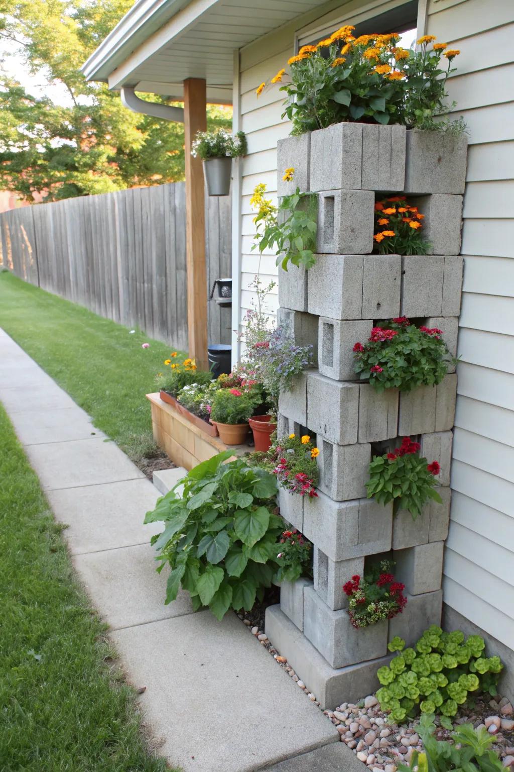 Innovative vertical garden using cinder blocks.