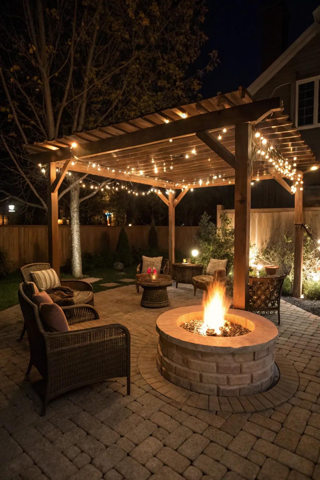 A pergola adorned with lights creates a magical atmosphere over a circular fire pit.