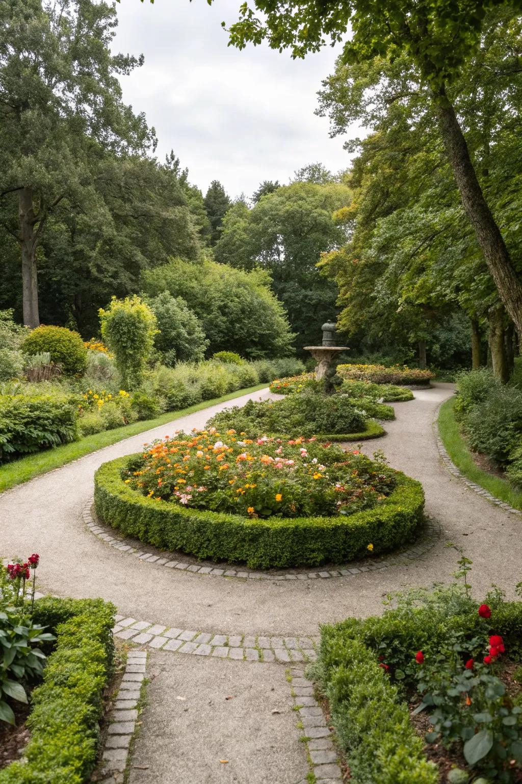 A welcoming pathway to a circular garden bed.