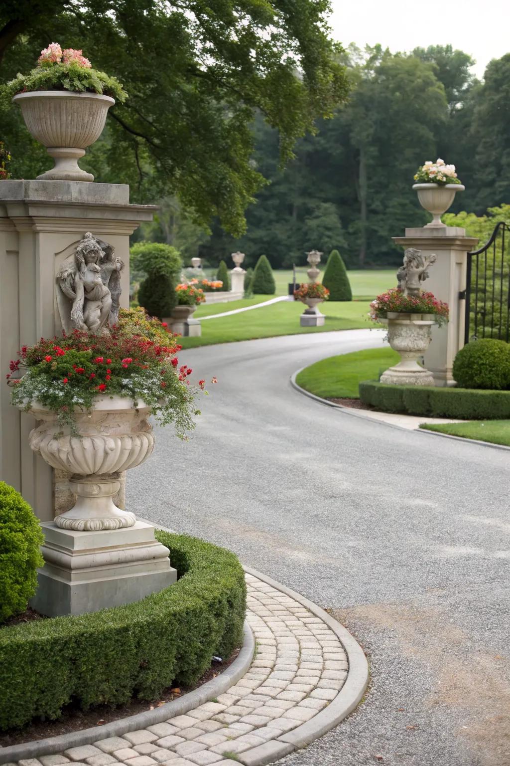 Sculptures and planters adding artistic flair to the landscape.