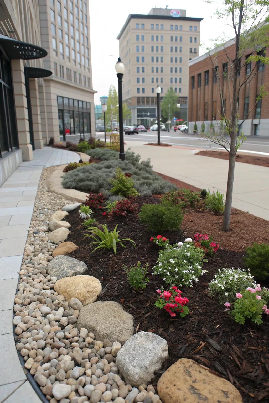 Decorative mulch and stones adding style to a city front yard.