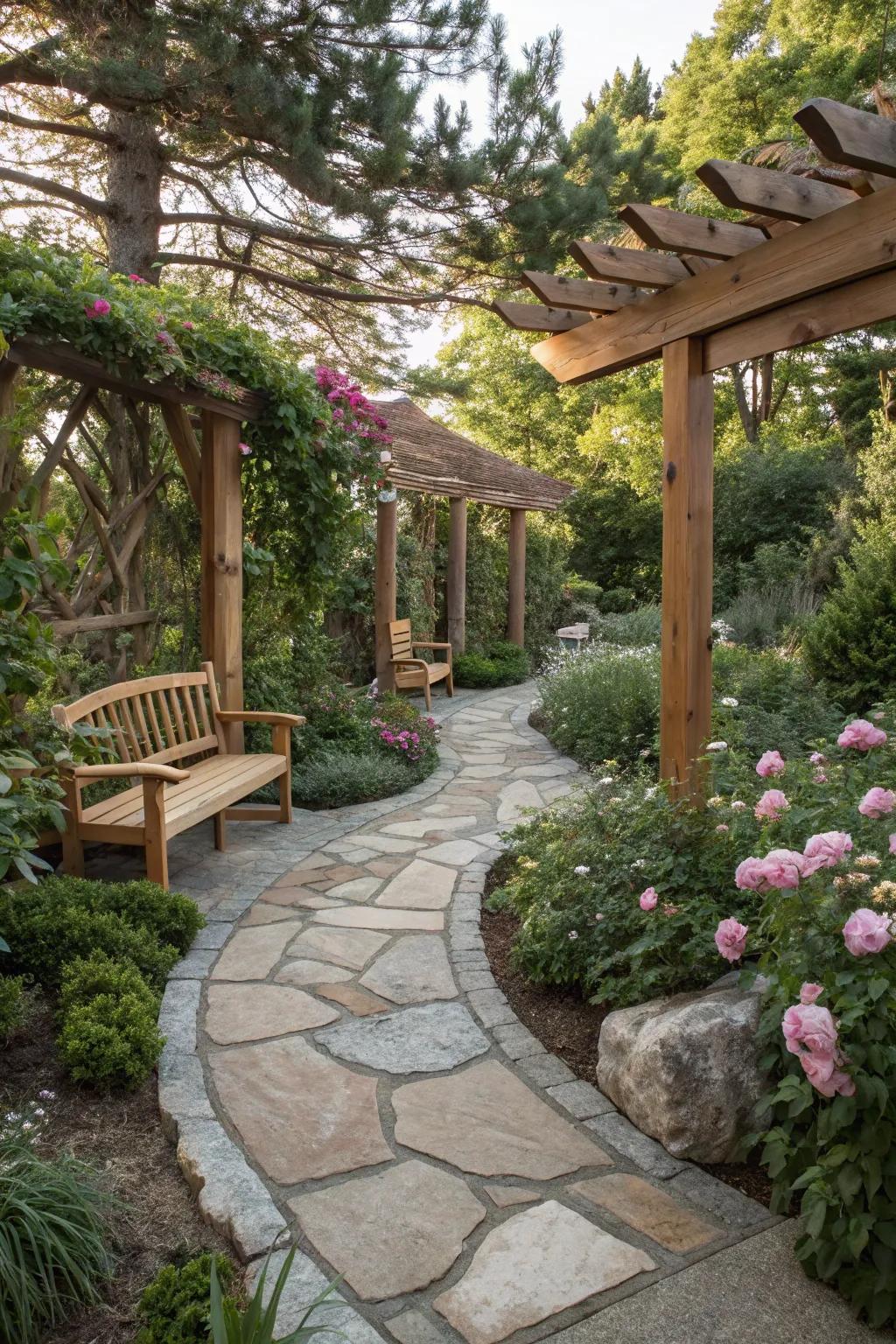 Natural wood and stone elements creating a harmonious garden setting.