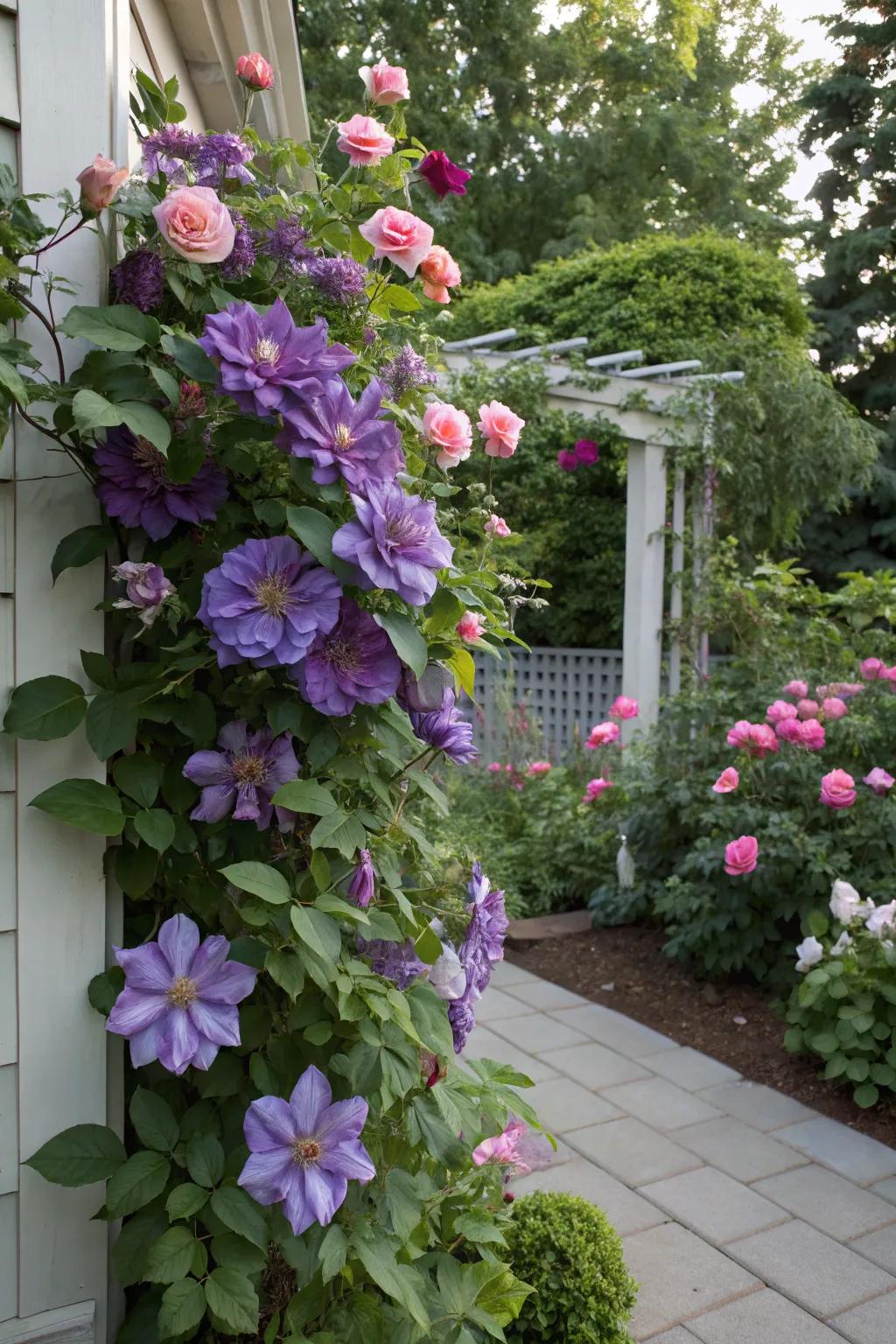 A vibrant mix of clematis and roses.