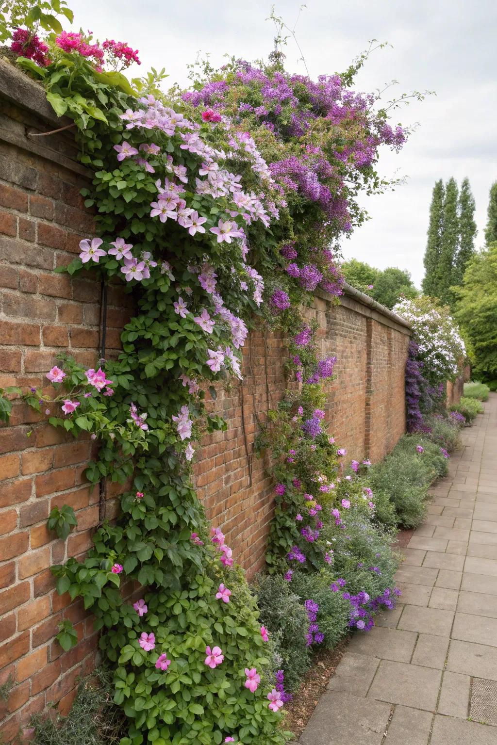 A brick wall adorned with colorful clematis blooms.