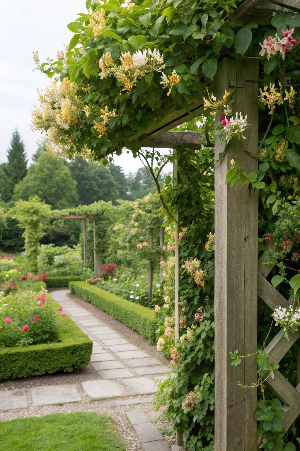 A natural privacy screen adorned with honeysuckle