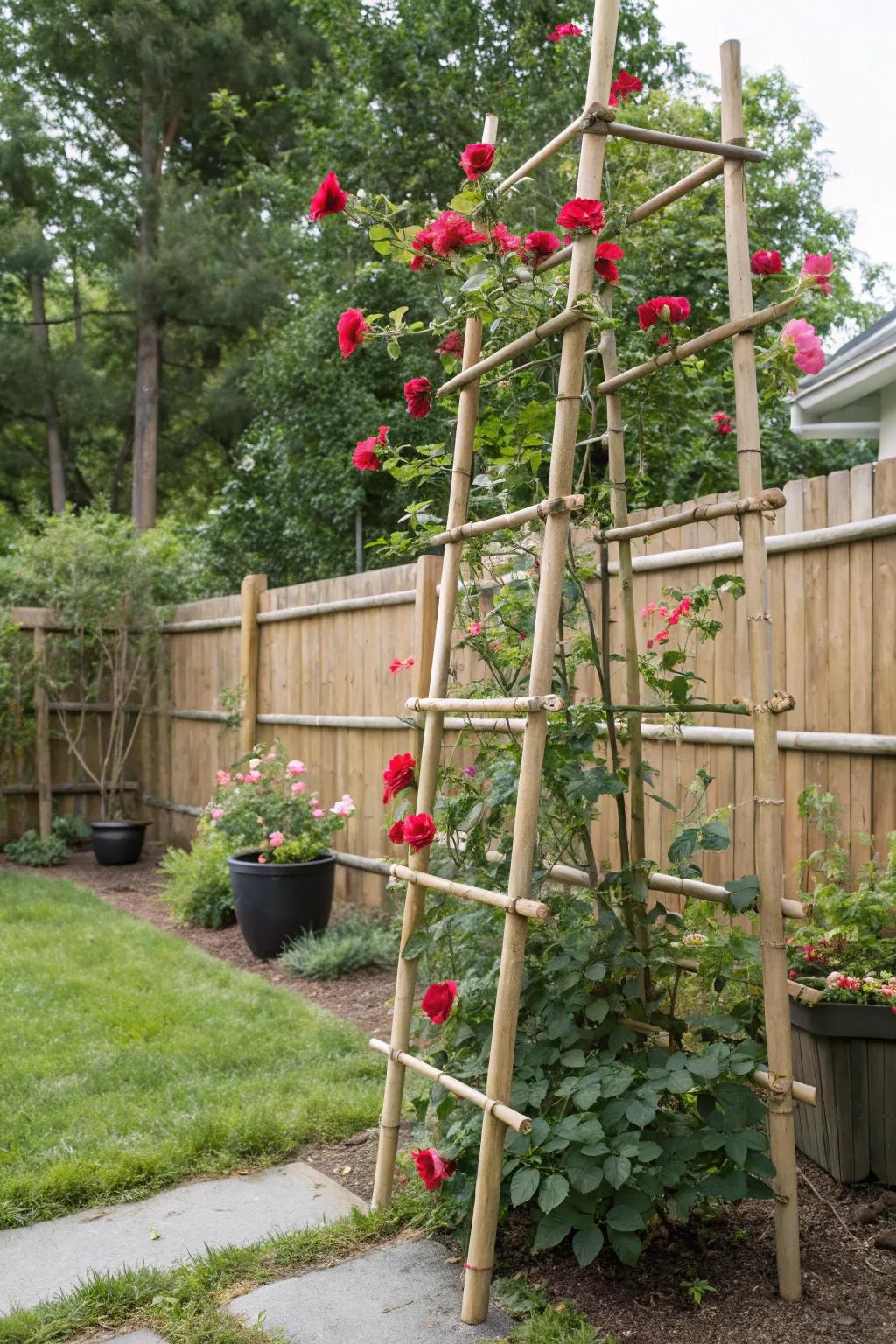 Craft a simple and eco-friendly bamboo trellis for your roses.