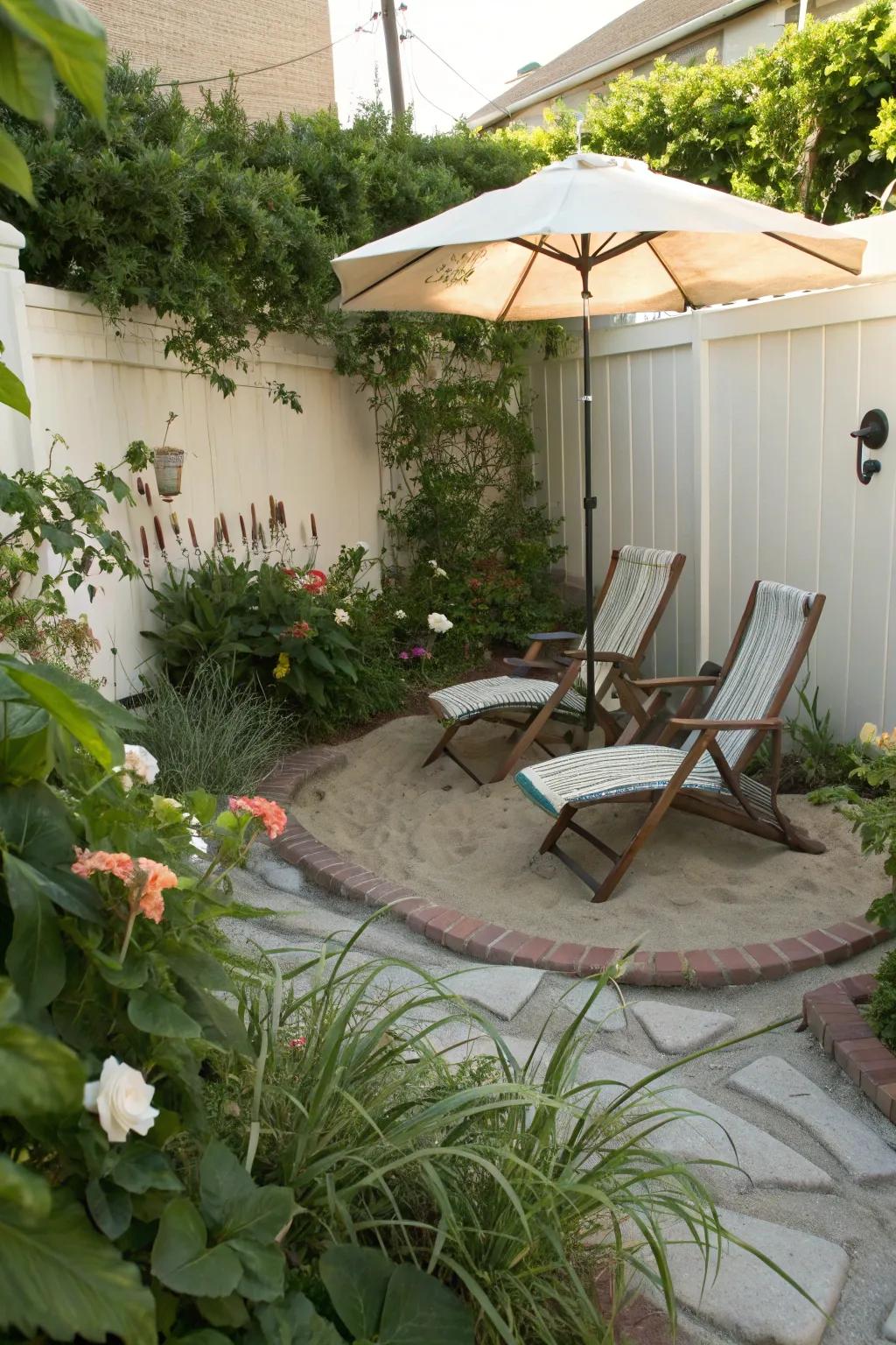 A sandy garden nook perfect for relaxation and leisure.