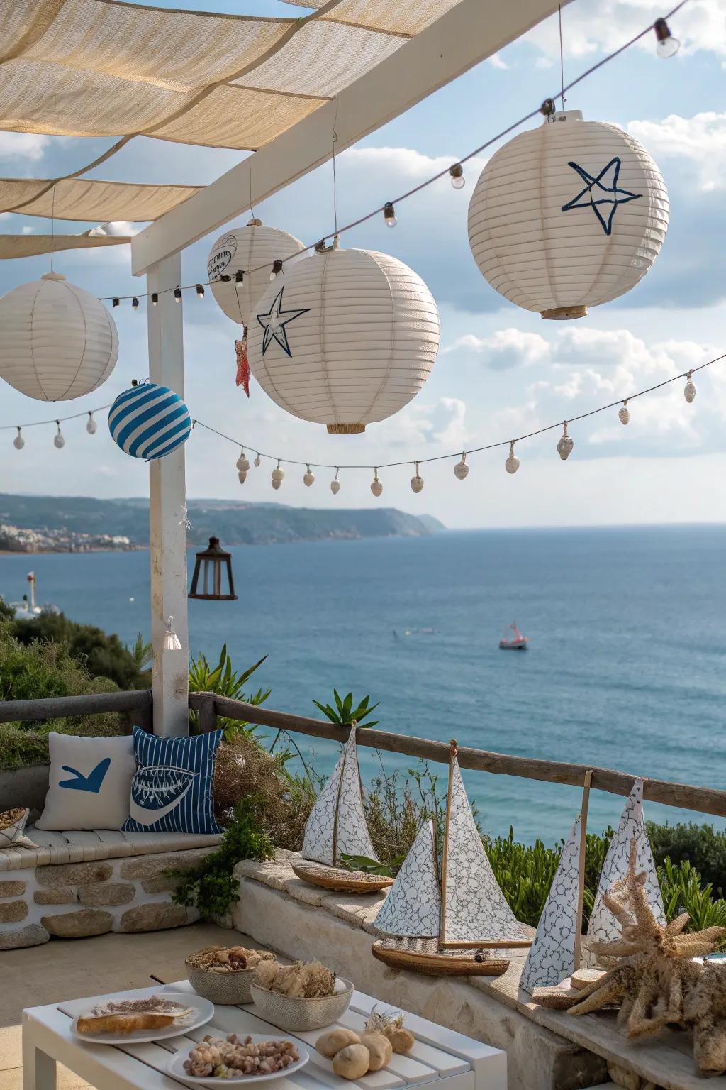 Coastal-themed decor enhances the seaside atmosphere of your patio.