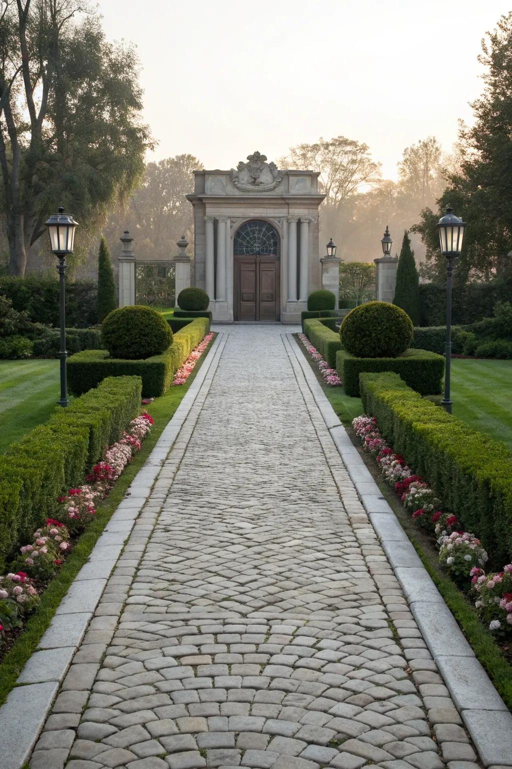 A formal cobblestone pathway to a grand entrance.