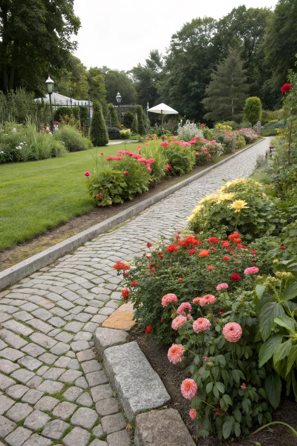Cobblestone edging providing a neat border for a colorful garden bed.