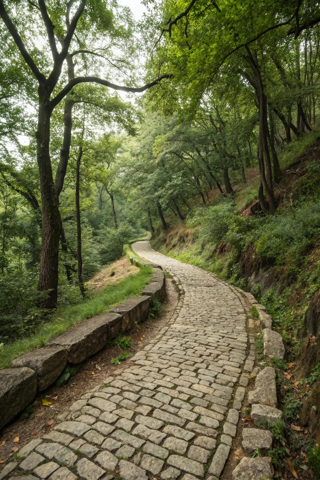A cobblestone path integrated naturally into a wooded area.