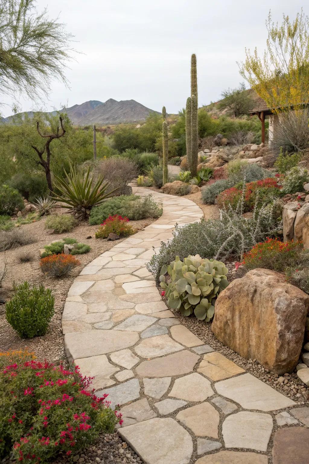 A tranquil stone pathway through a Colorado xeriscape.