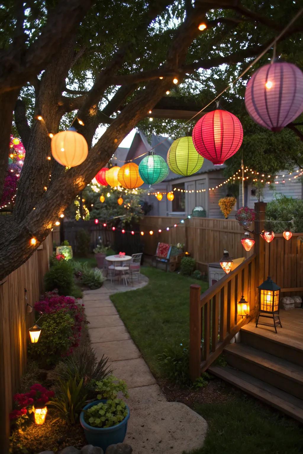 Colorful lanterns and ornaments add character and charm.