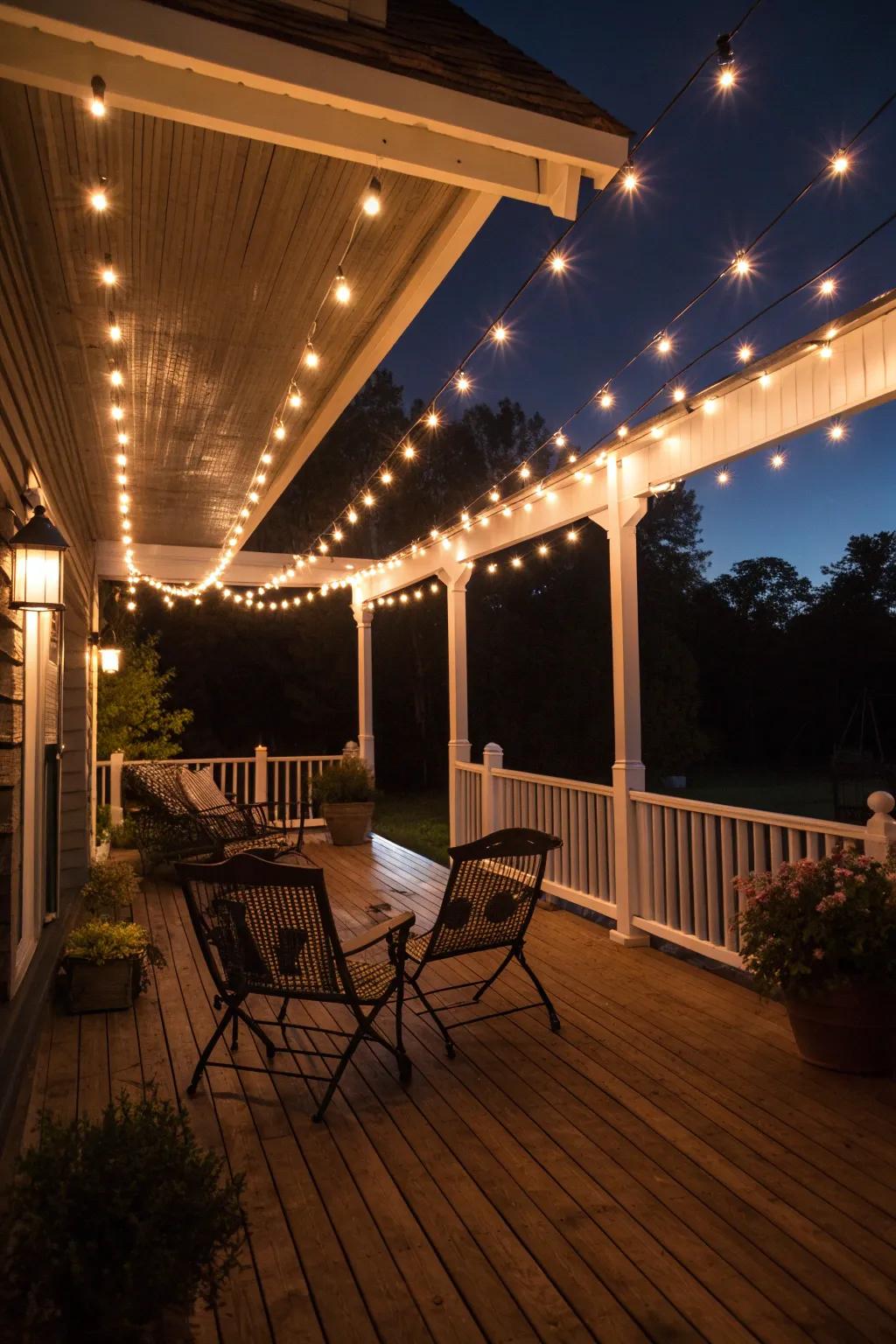 A porch illuminated by string lights, creating a warm and inviting evening ambiance.