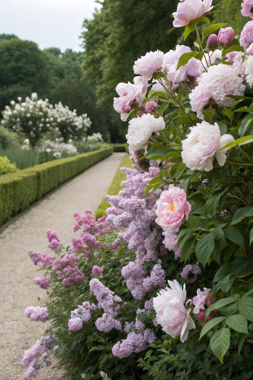 Peonies and lilacs create a lush, sequential bloom.