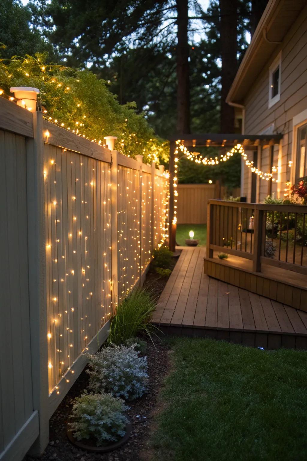 Fairy lights draped over the composite fence create a magical evening setting.