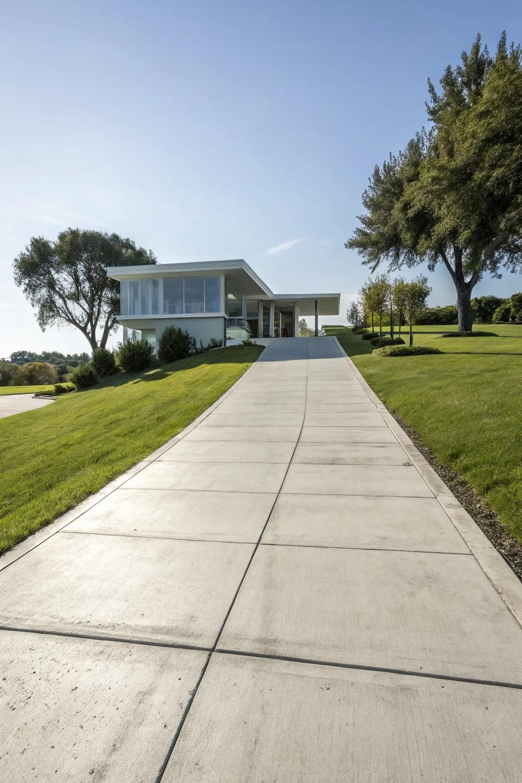 A wide concrete driveway leading to a sleek modern home.