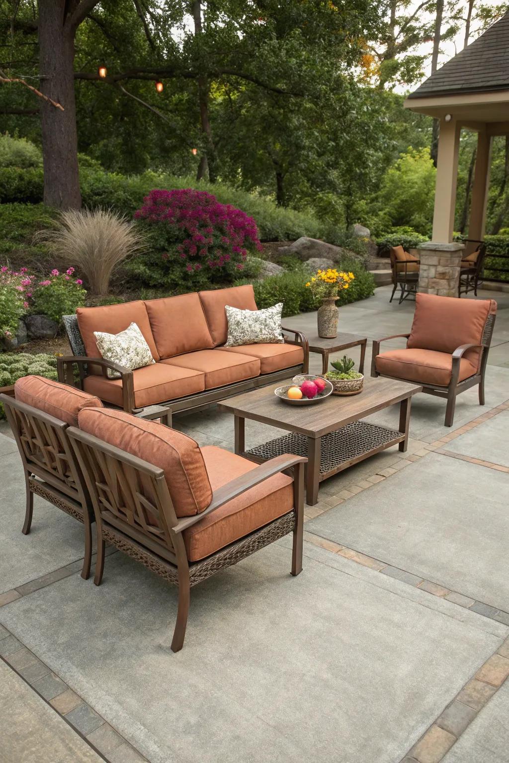 Harmoniously coordinated patio furniture and coatings.
