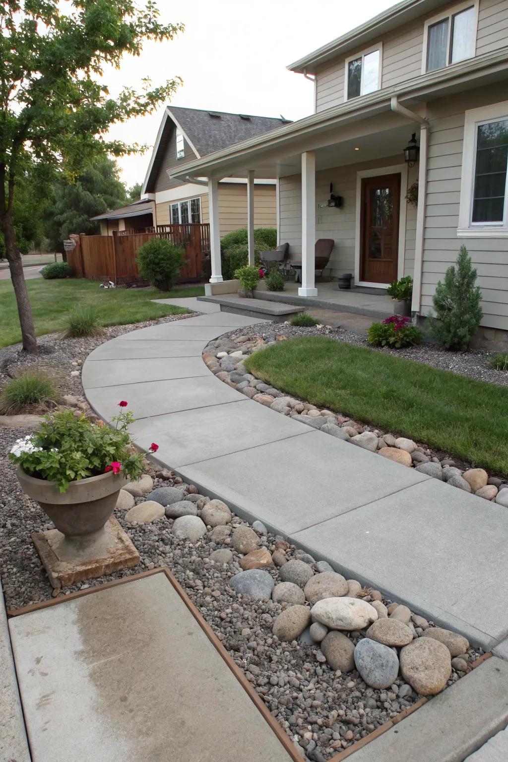 Contrast materials for a dynamic and captivating front yard.
