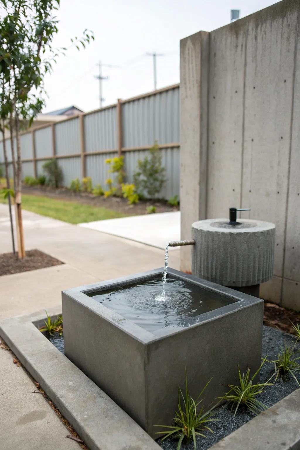 A water feature adds tranquility to a modern concrete backyard.