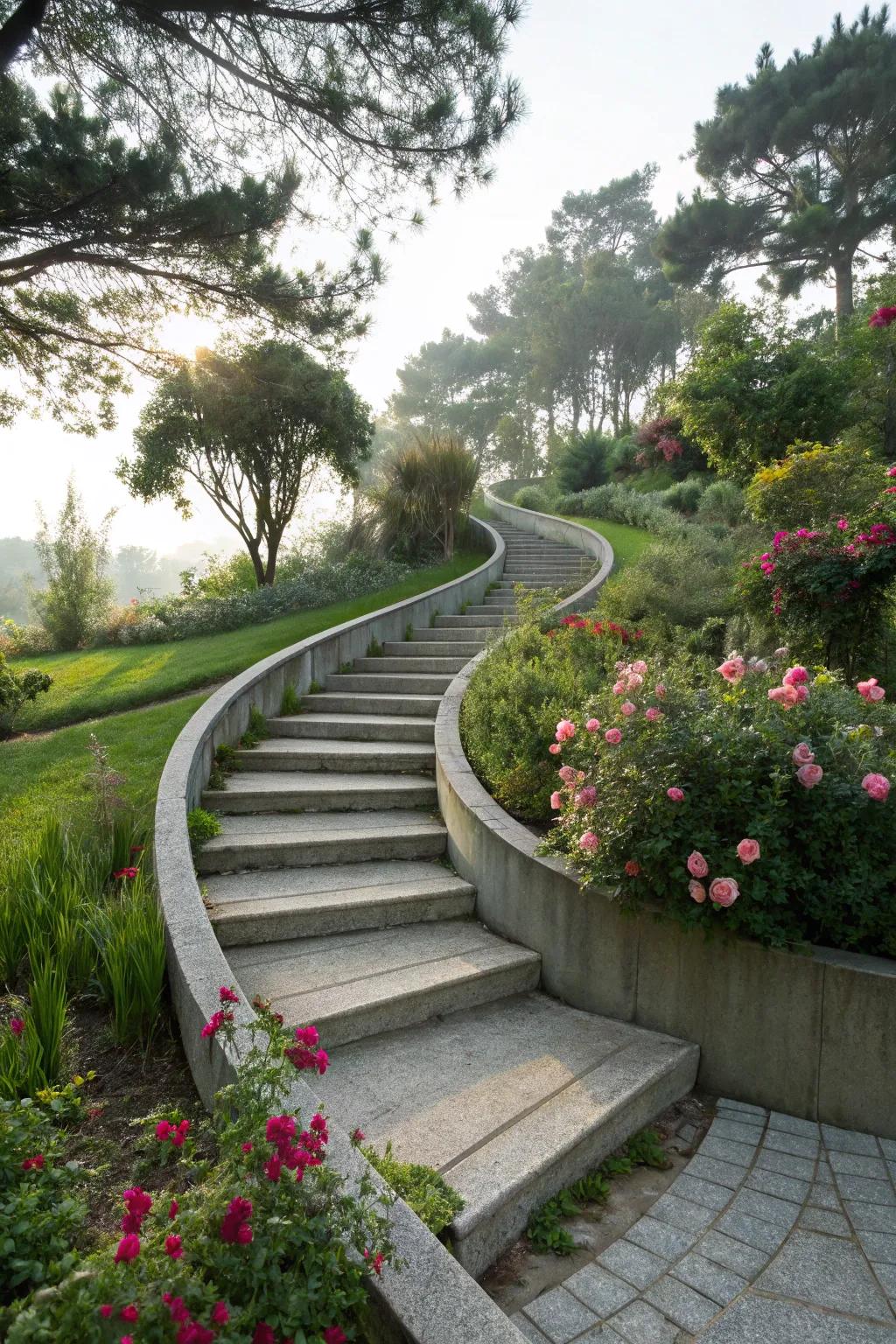Curved concrete stairs making a bold statement in a garden setting.