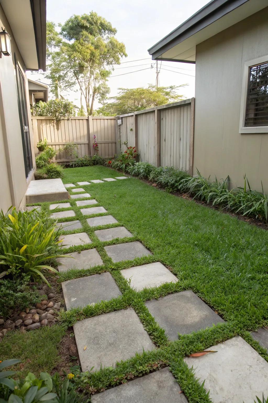 Concrete and grass together create a balanced and inviting space.