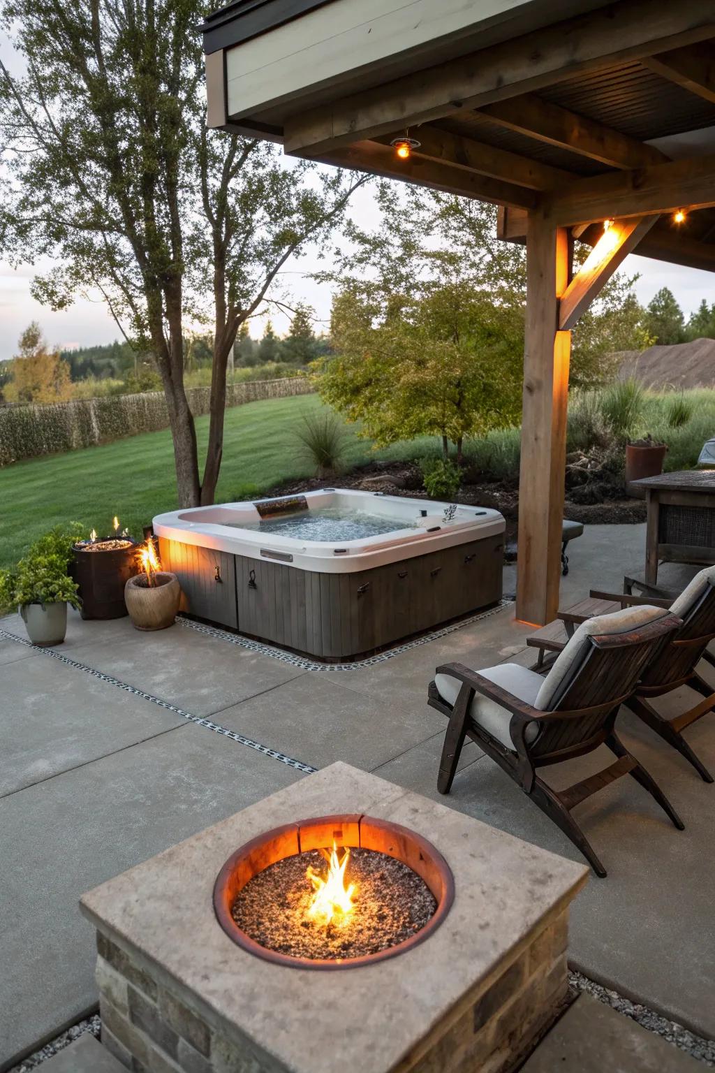 A warm and inviting fire pit near a hot tub, creating a cozy atmosphere on a concrete patio.