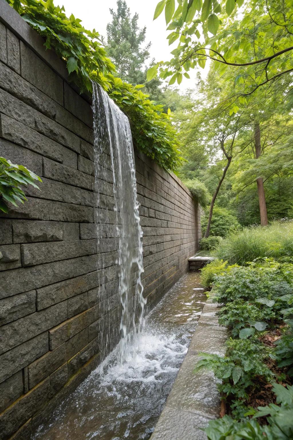 Water flowing over a stone wall, creating a dramatic garden feature.