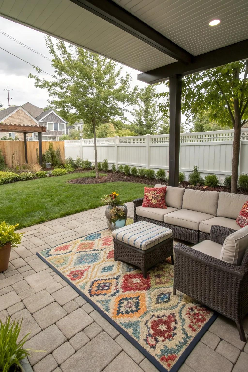 An outdoor rug ties the seating area together in a condo backyard.