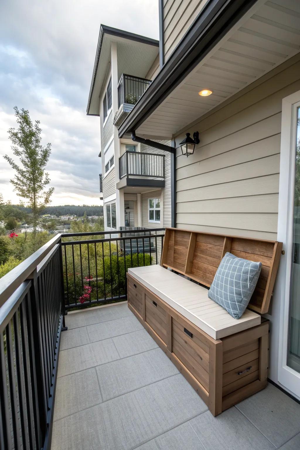 A practical bench with storage space on a condo patio.