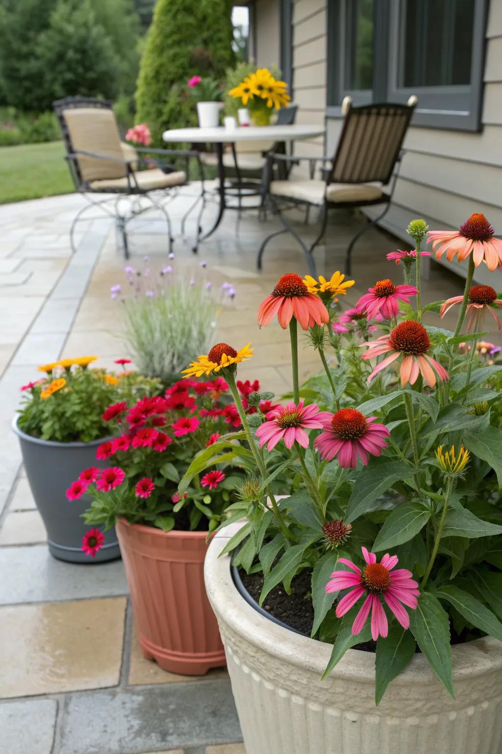 Vibrant dwarf coneflowers brighten up small spaces.