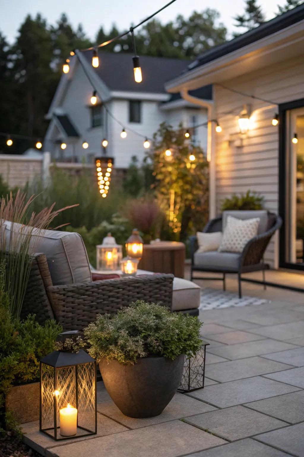 A patio illuminated with elegant ambient lighting.