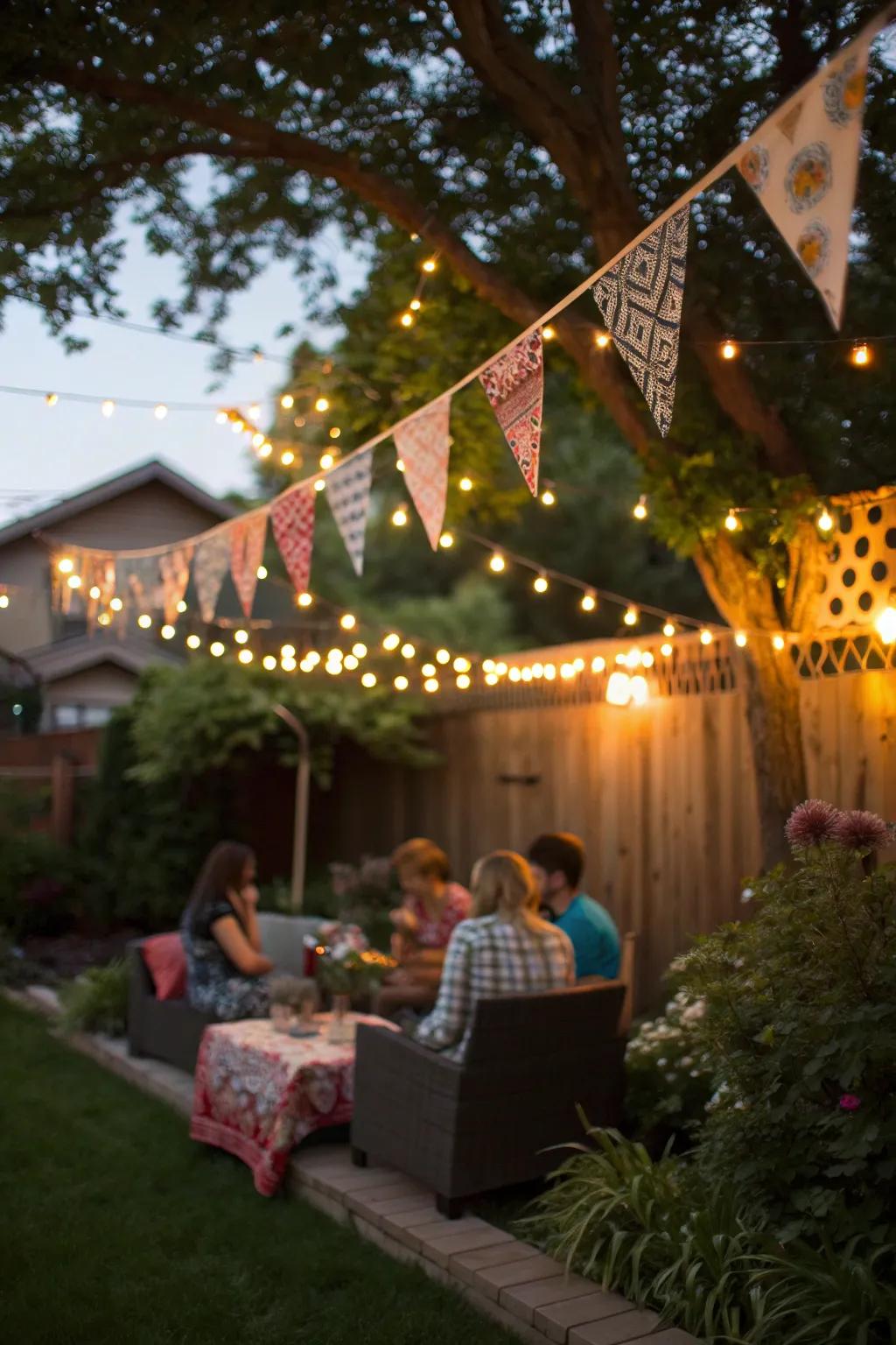 String lights casting a warm glow over the cookout area, enhancing the evening's ambiance.