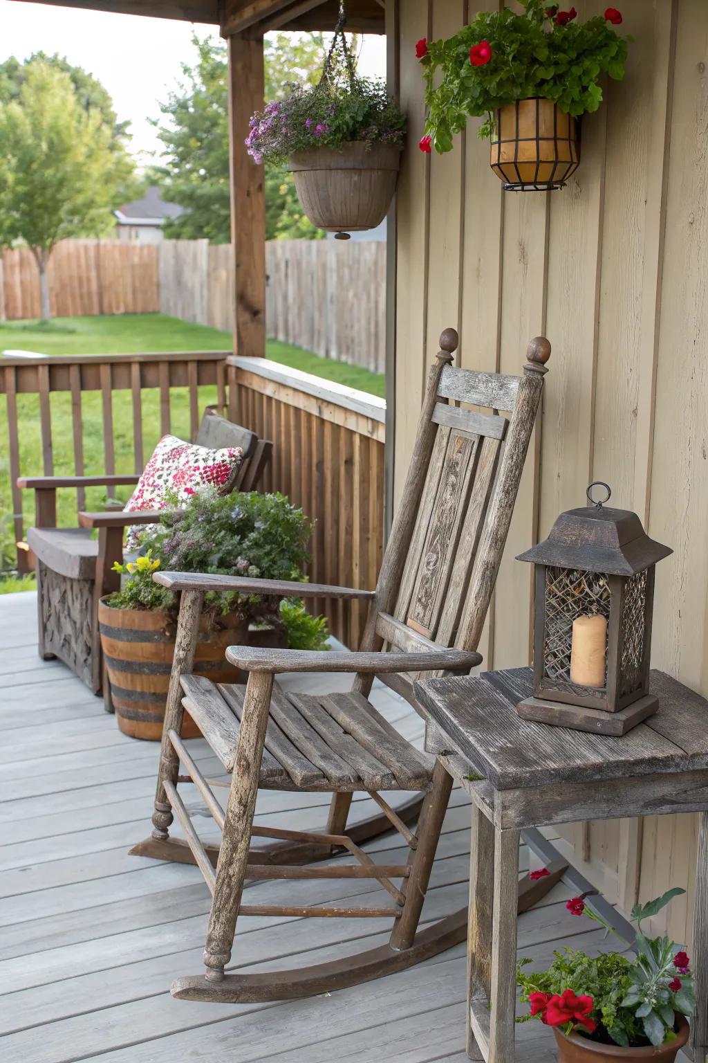 Infuse rustic charm with wooden accents on your porch.