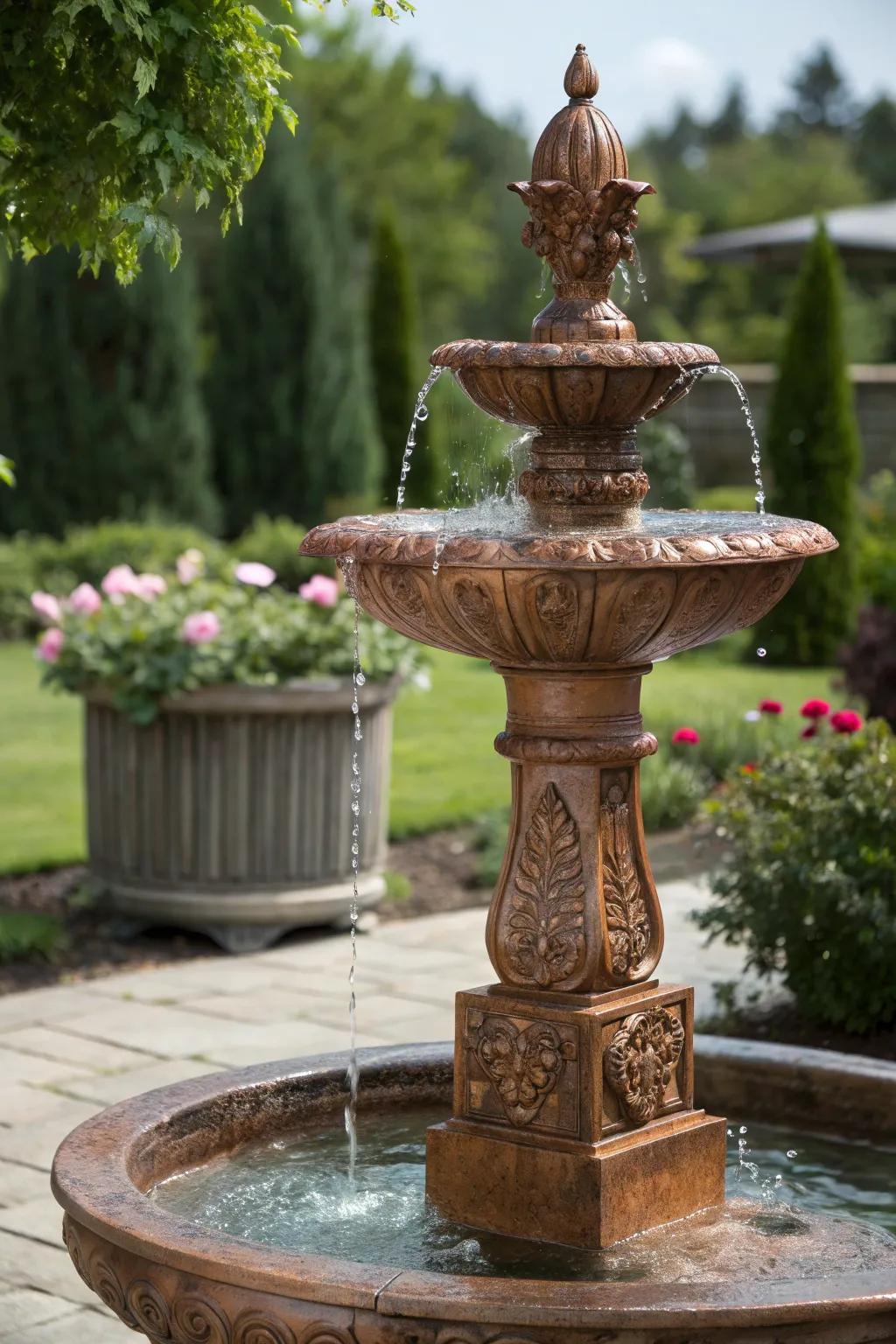 A standalone copper sculpture fountain serving as a garden centerpiece.