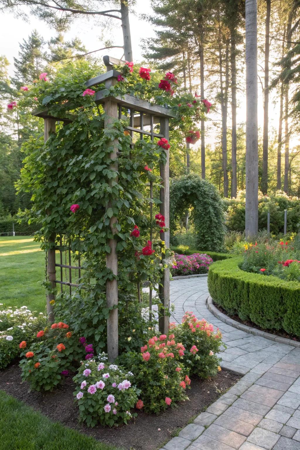 A trellis transforms a corner into a lush vertical garden.