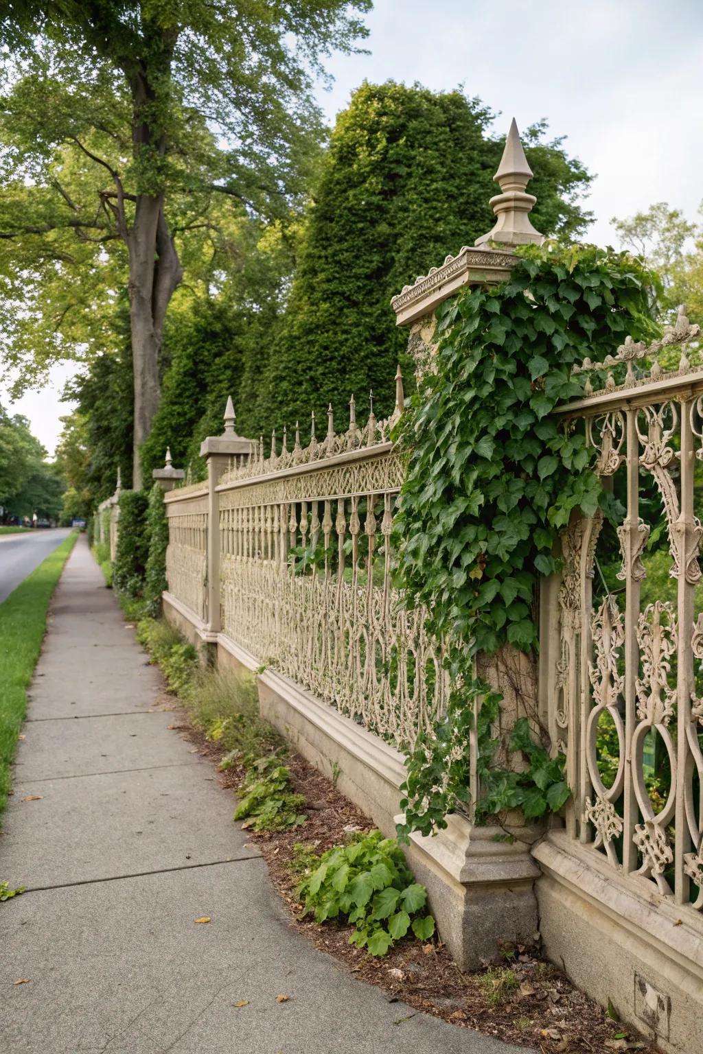 Decorative fencing with vines creates a private garden nook.
