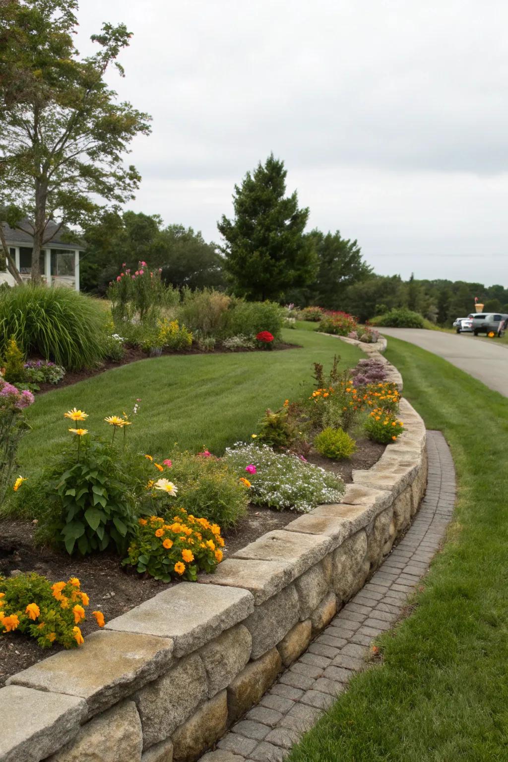 Stone edging neatly defining garden beds on a corner lot.
