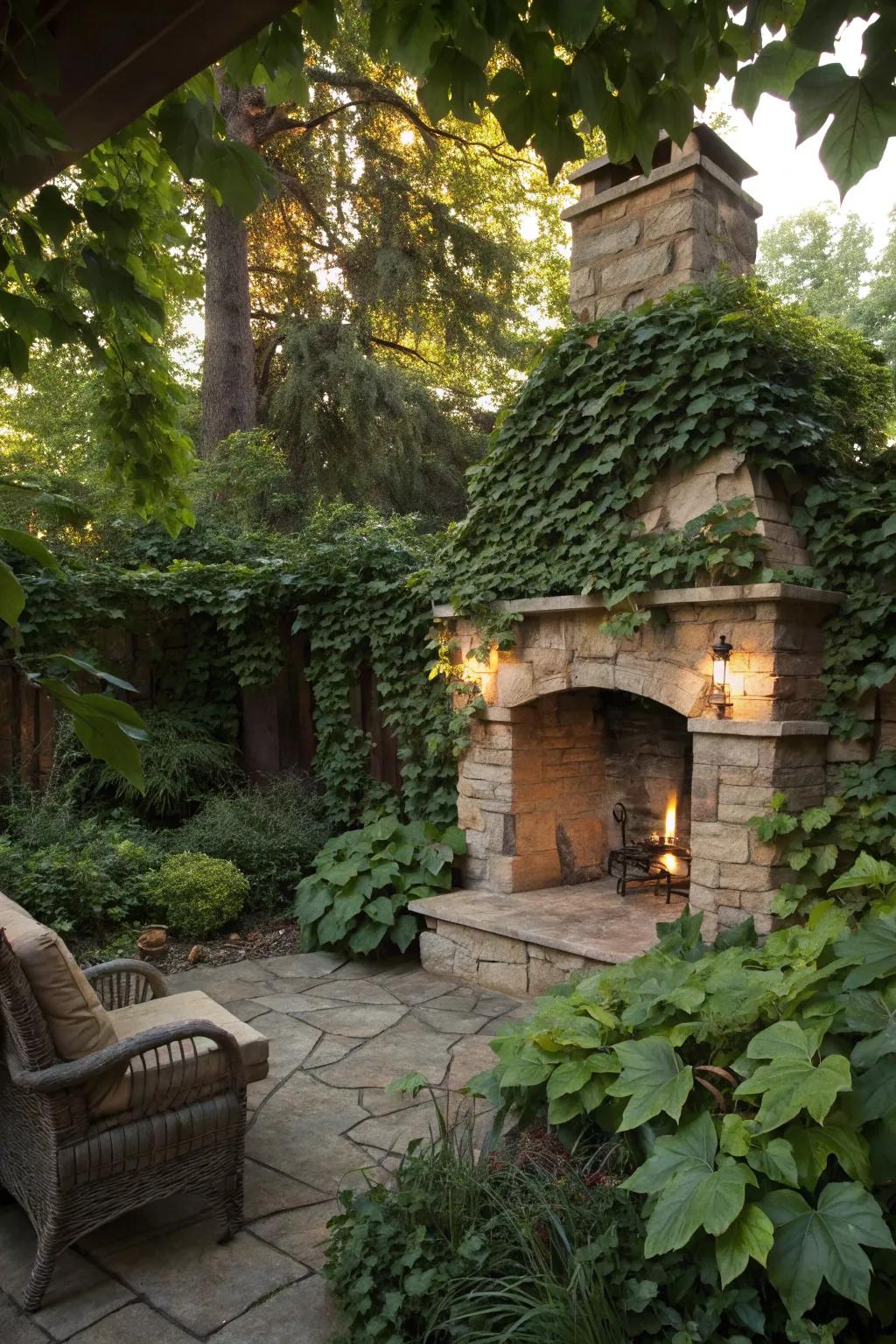 A lush green fireplace corner for a natural retreat.