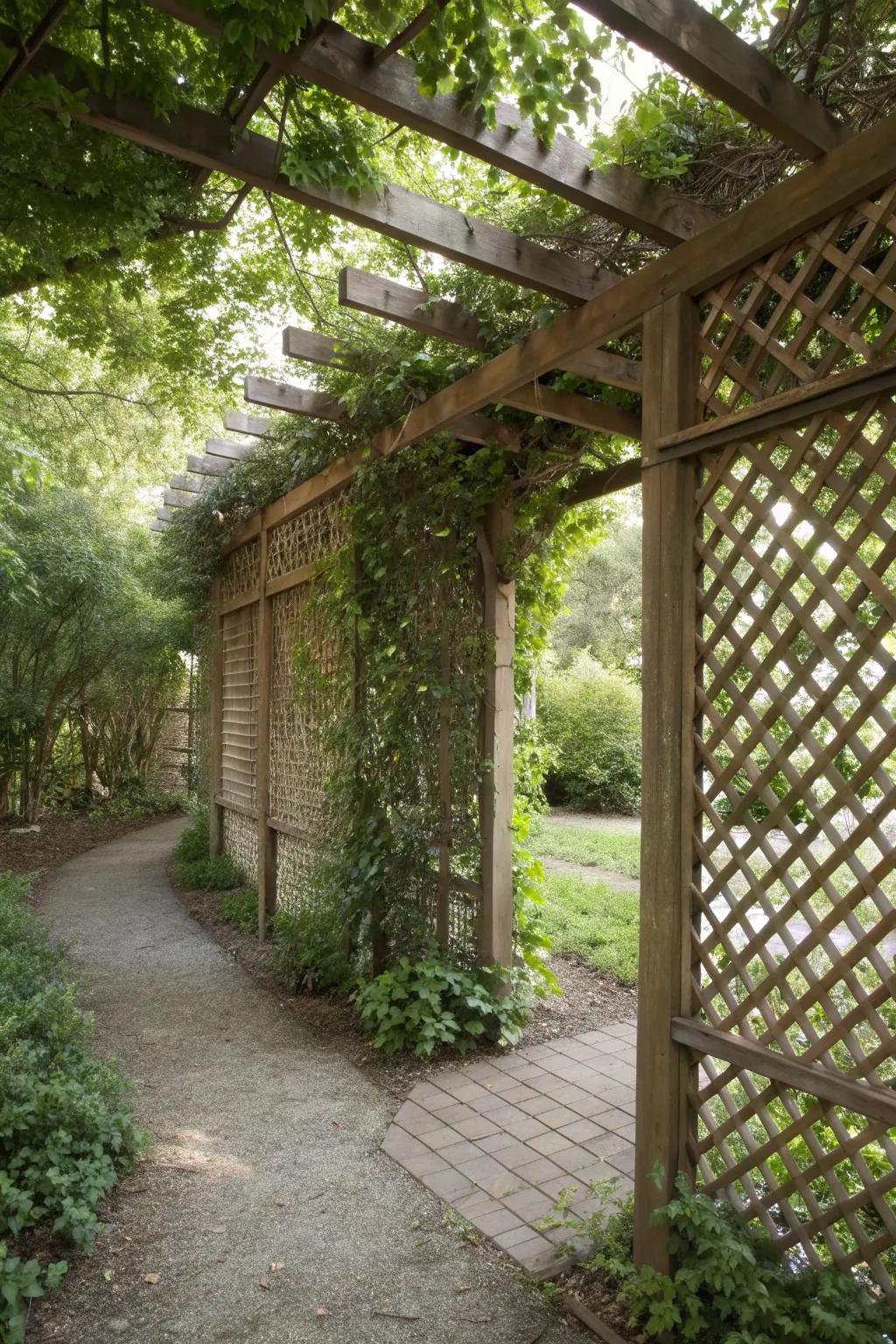 Lattice panels offer a stylish solution for privacy in your pergola.