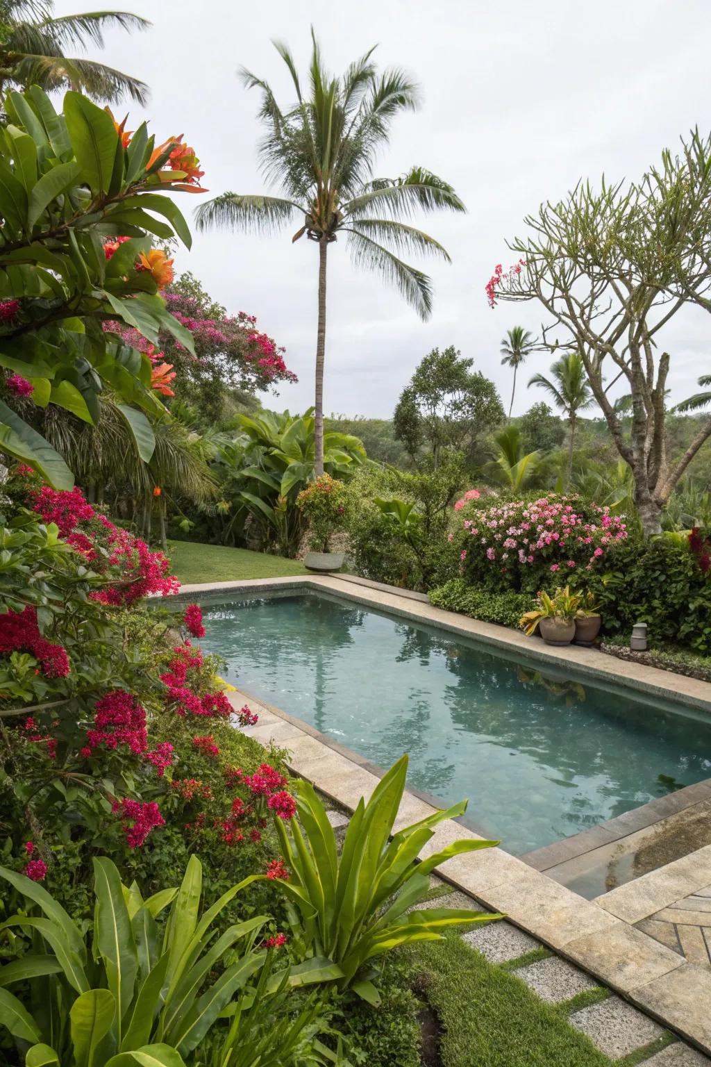 Lush landscaping creates a serene poolside escape.