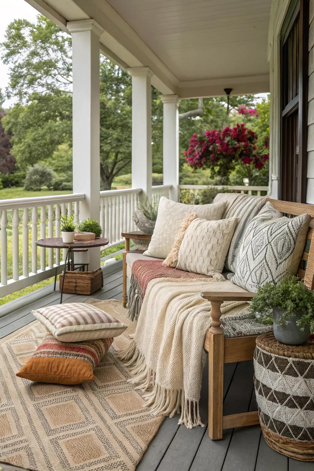 Cozy textiles transforming a corner porch.