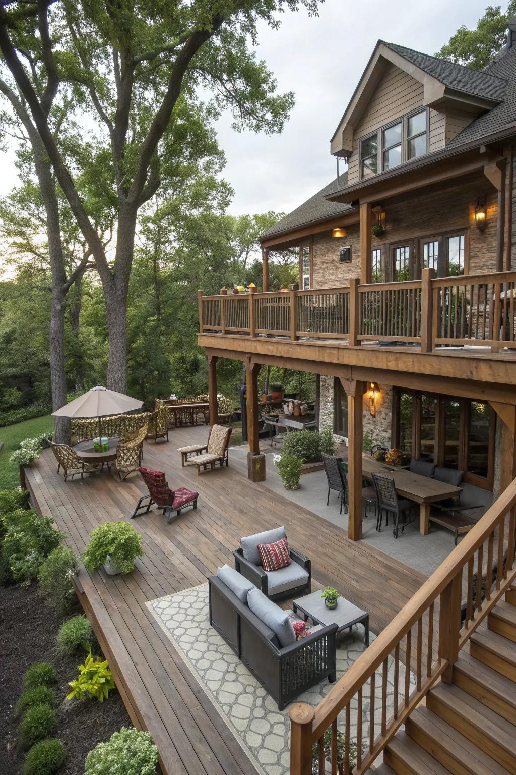 A multi-level deck that offers multiple spaces for various activities.